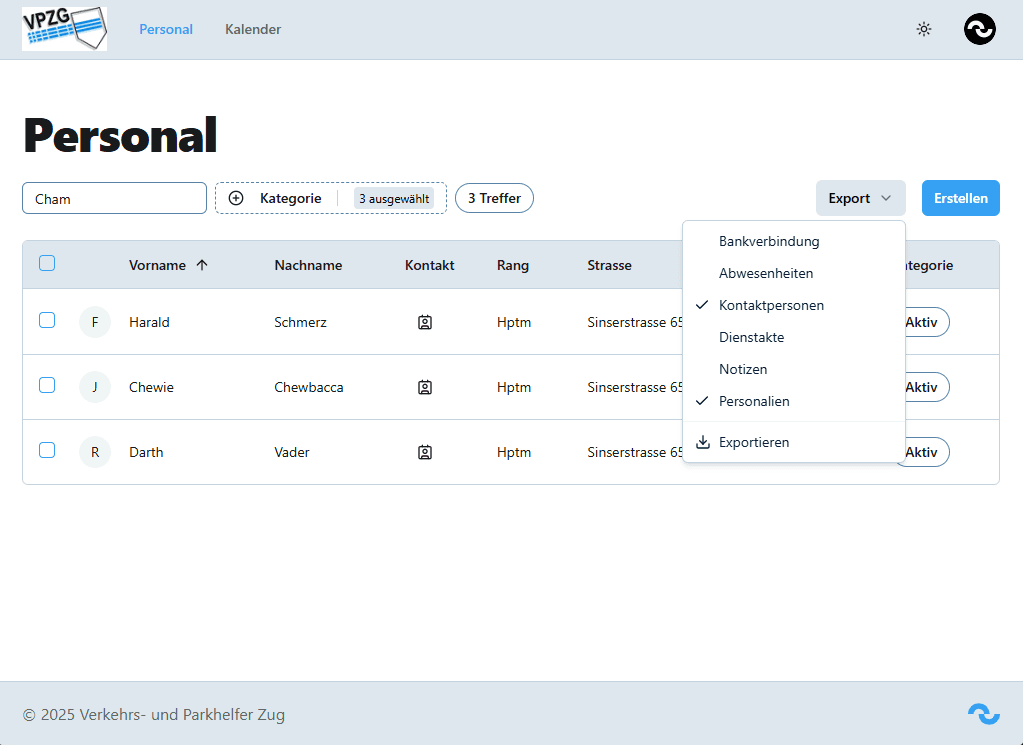 Ansicht Liste aller Mitglieder mit Filter- und Exportmöglichkeiten auf der VPZG Plattform