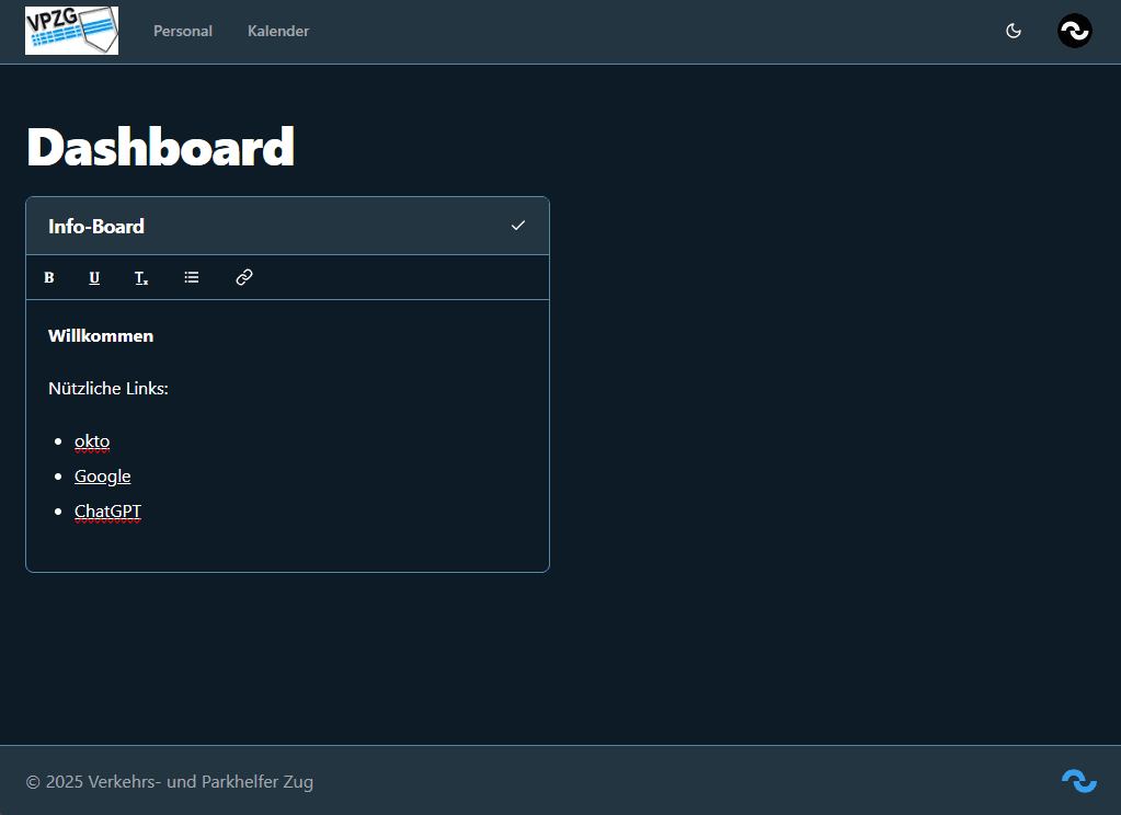 Dashboard im Dunkelmodus in der VPZG Plattform